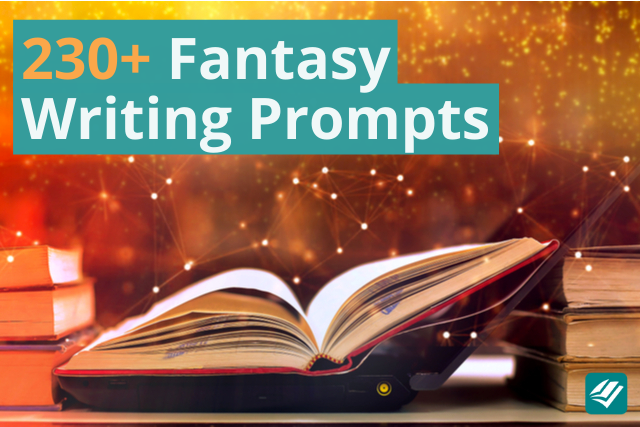 230+ Fantasy Writing Prompts, open book surrounded by shimmery lights