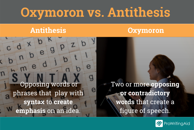 difference between antithesis and oxymoron examples