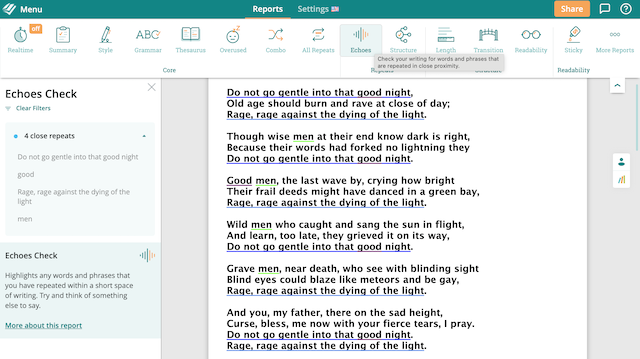 Do not go gentle into that good night in ProWritingAid's Echoes Report