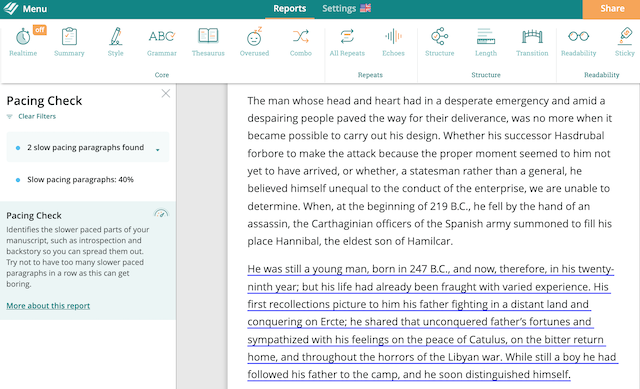ProWritingAid's Pacing Report