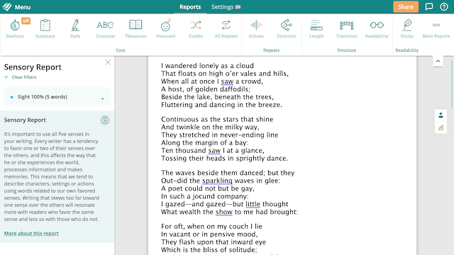 ProWritingAid's Sensory Check using I Wandered Lonely As a Cloud