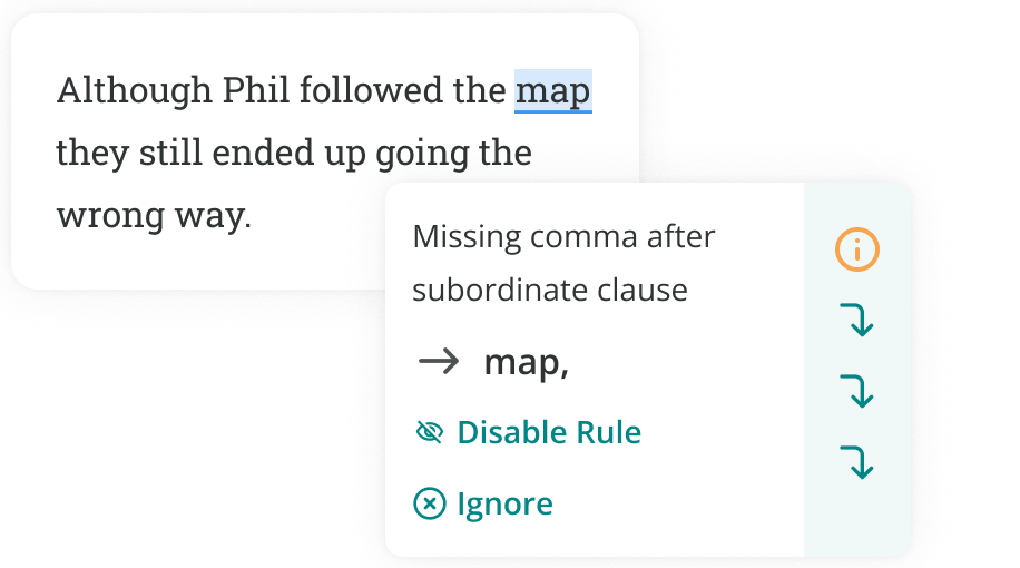 PWA detecting a missing comma in a sentence that begins with although