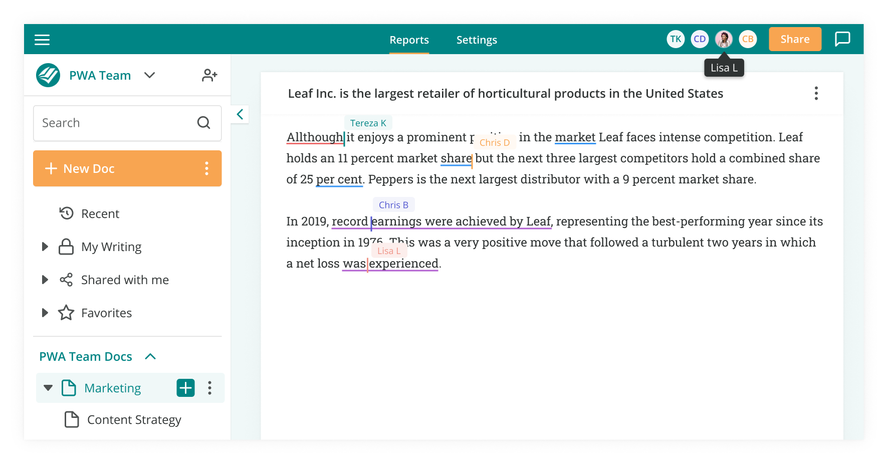 ProWritingAid's collaboration feature