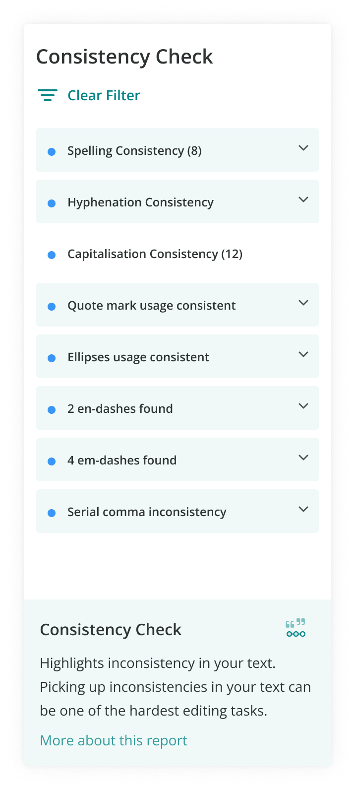 ProWritingAid's Consistency check detecting serial comma inconsistency
