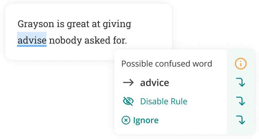 ProWritingAid correcting advise to advice