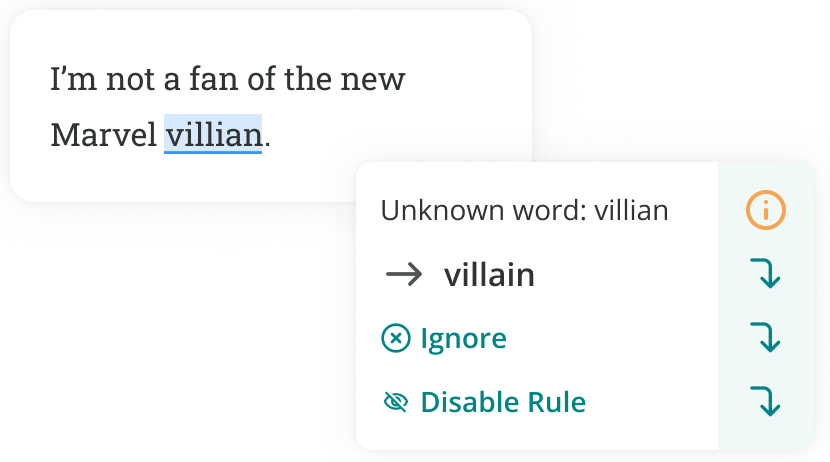 ProWritingAid correcting villian to villain