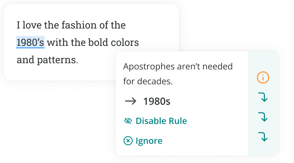 ProWritingAid correcting an aprostrophe in a decade