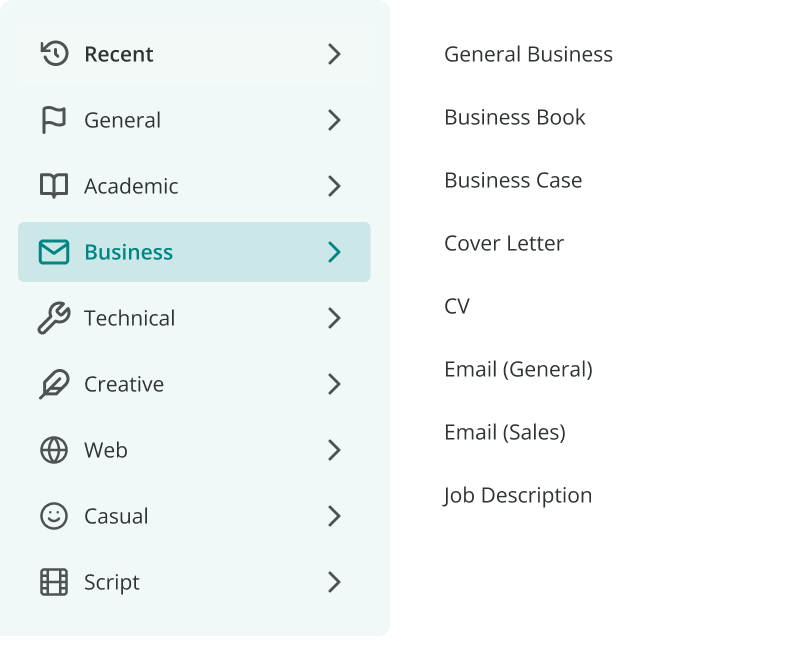 ProWritingAid's Business documet types