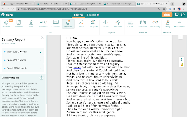 ProWritingAid's Sensory Report