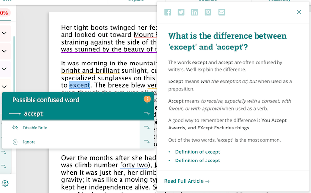 more information of except/accept suggestion in ProWritingAid