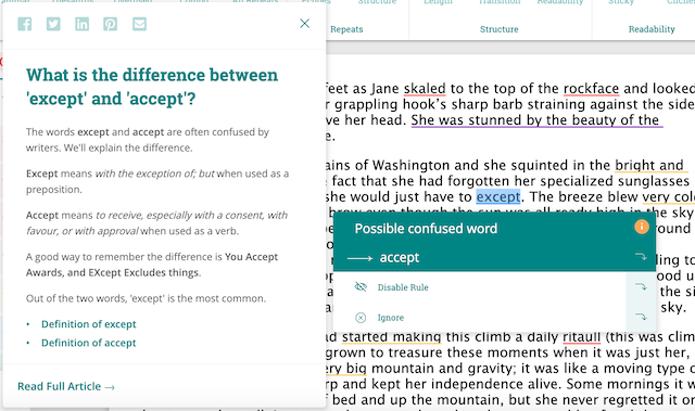 accept vs except suggestion and info pop up in ProWritingAid