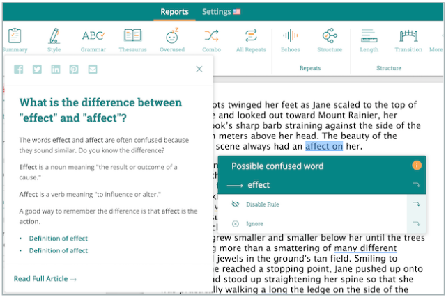 prowritingaid software showing misuse of affect and effect