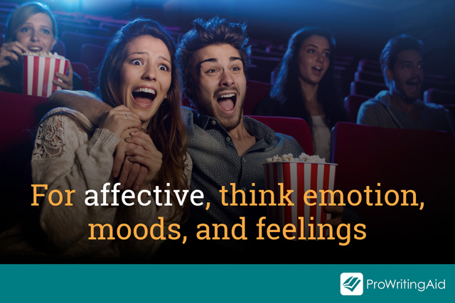 think emotions, moods and feelings for affective, a couple look excited at the cinema