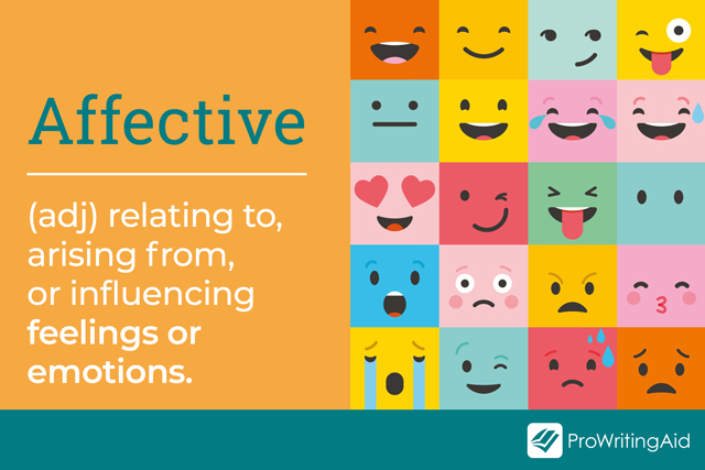 graphic with many facial expressions: affective definition, arising from feelings or emotions