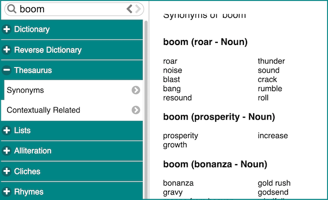 ProWritingAid's Word Explorer showing synonyms of boom