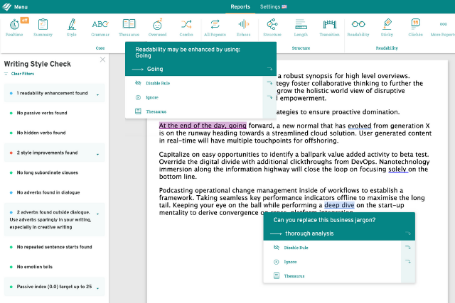 screenshot of jargon improvements in prowritingaid