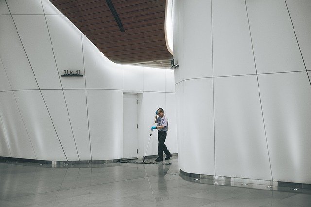 cleaner in a vast hall