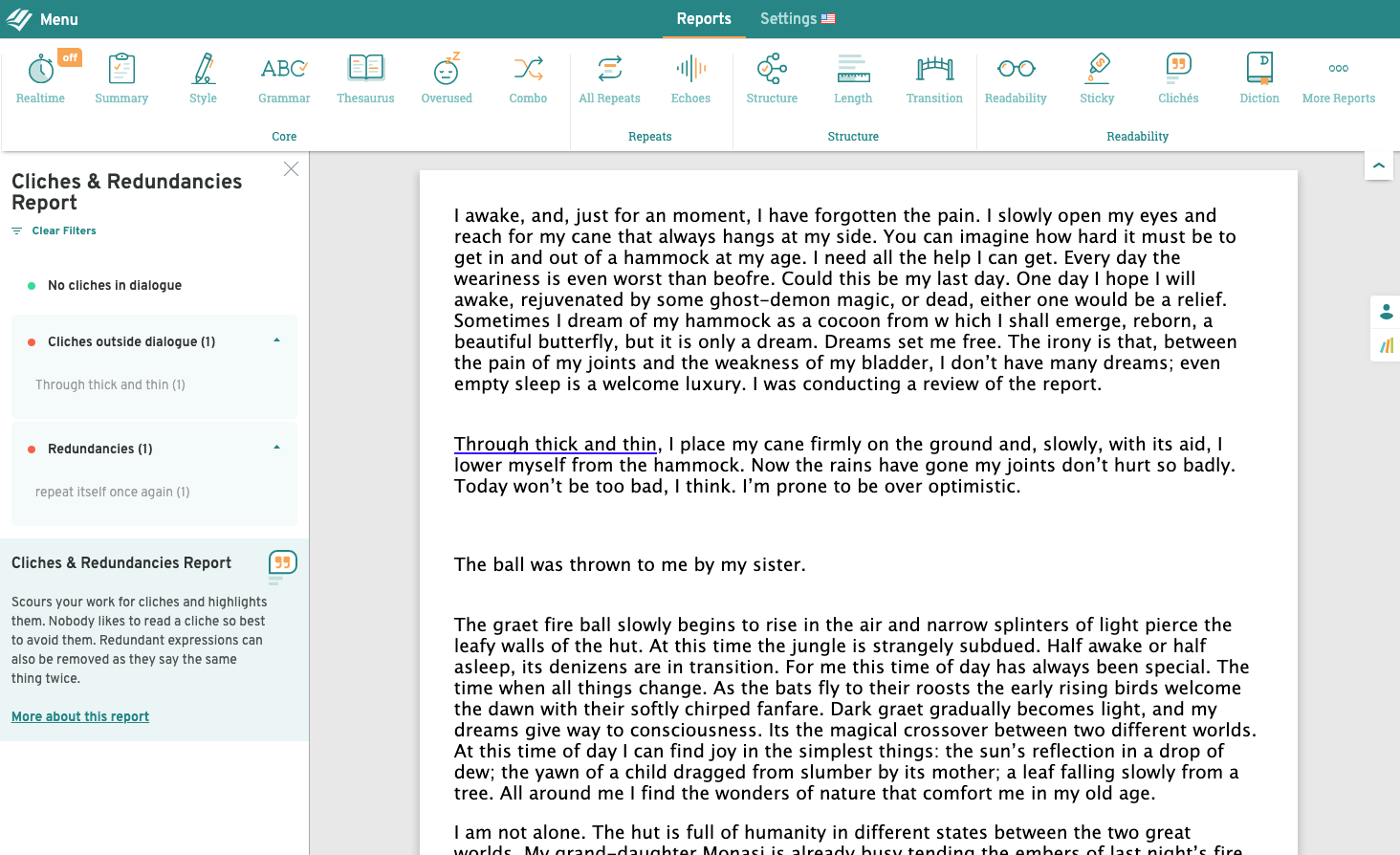 screenshot of cliches report in ProWritingAid
