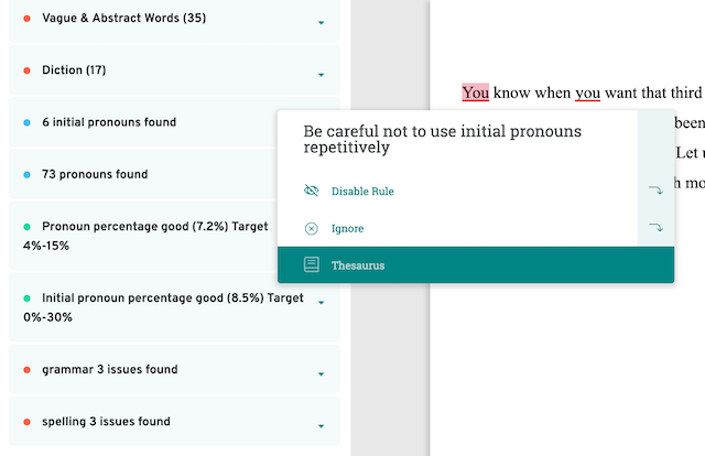 combo report showing pronoun repetition