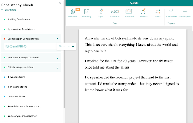 consistency check in ProWritingAid highlighting inconsistent capitalization