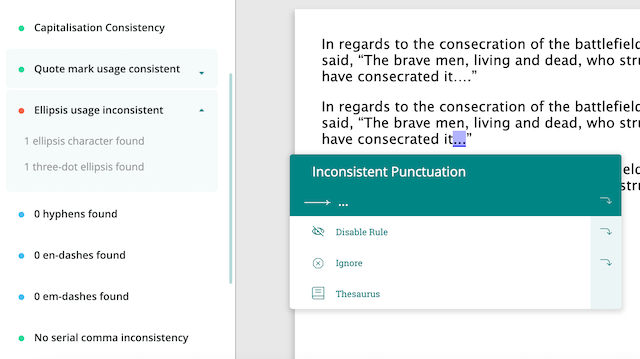 consistency report in prowritingaid showing inconsistent ellipses