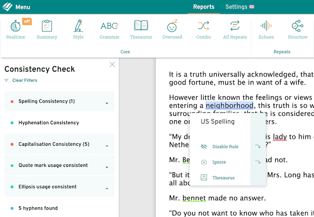 screenshot of prowritingaid consistency check