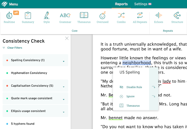 consistency report showing US/UK spelling error