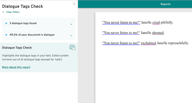 screenshot of prowritingaid's dialogue tags check