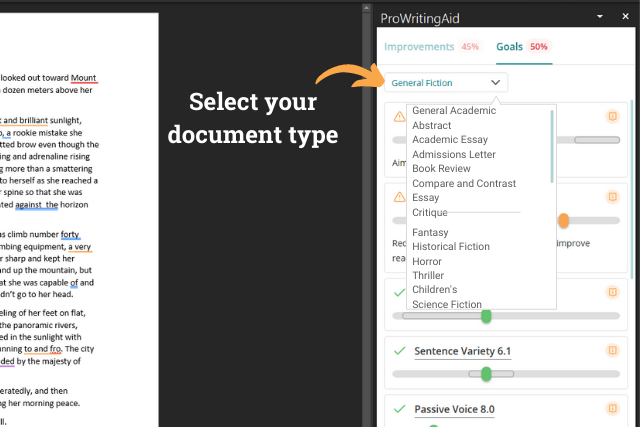 Screenshot of ProWritingAid writing styles