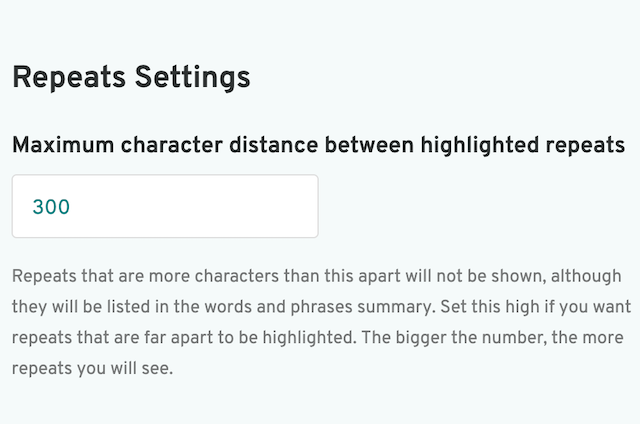 screenshot of prowritingaid repeats settings