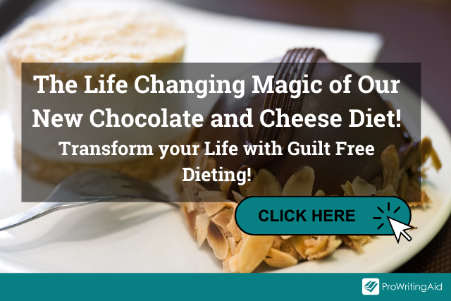 Image of dessert with the words "The Life Changing Magic of Our New Chocolate and Cheese Diet! Transform your Life with Guilt Free Dieting!"