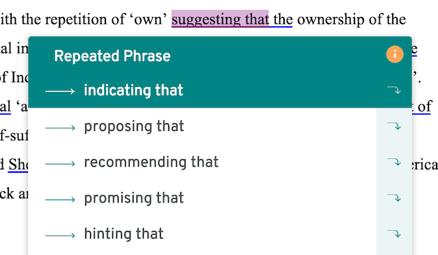 suggestion in ProWritingAid's repeats report