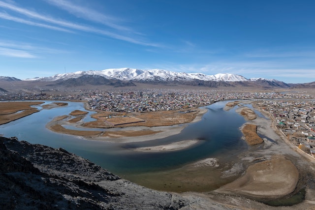 overhead view of town by a river