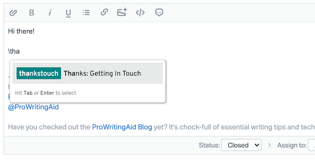 prowritingaid's snippets feature in email