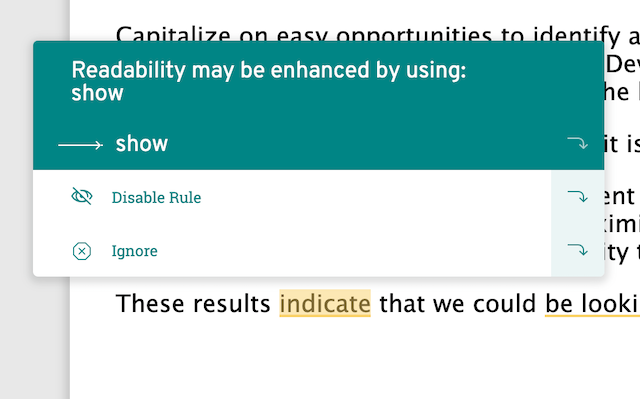 prowritingaid suggests swapping 'indicates' for 'shows'