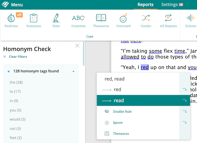 ProWritingAid's Homonym Report Screenshot