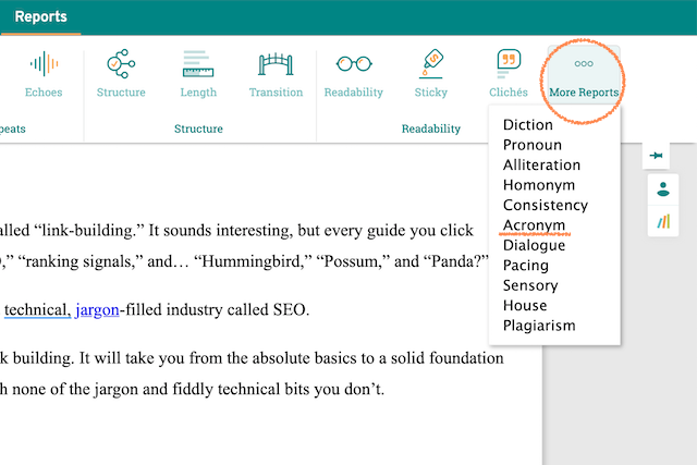 screenshot of prowritingaid's reports bar with more reports menu open