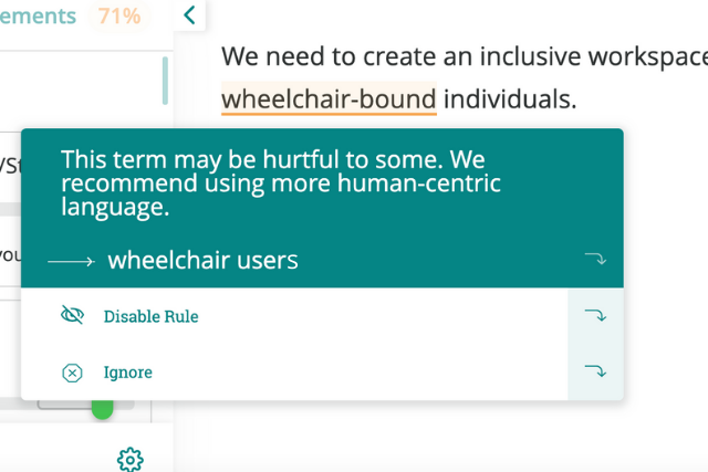 inclusive language suggestion in ProWritingAid, swap wheel-chair bound for wheelchair user