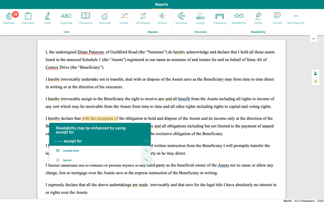 readability enhancement in a legal doc in prowritingaid