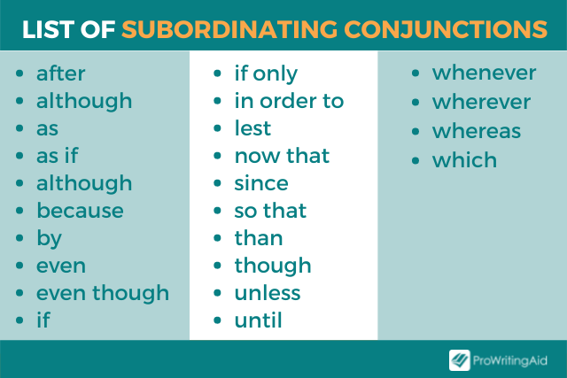 Image showing list of subordinating conjunctions