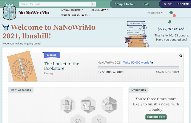 nanowrimo website, with project