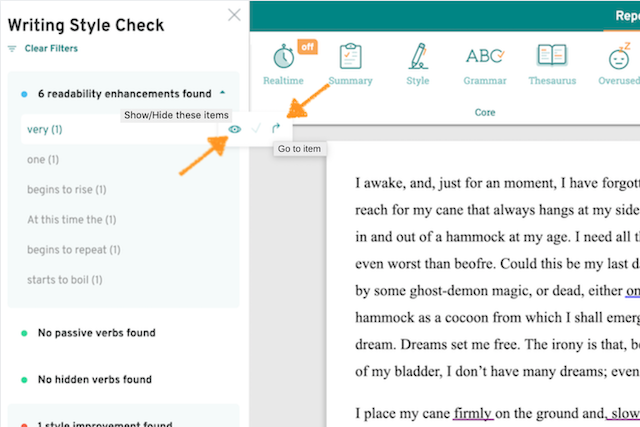 prowritingaid writing style check navigation menu showing and eye icon and an arrow icon