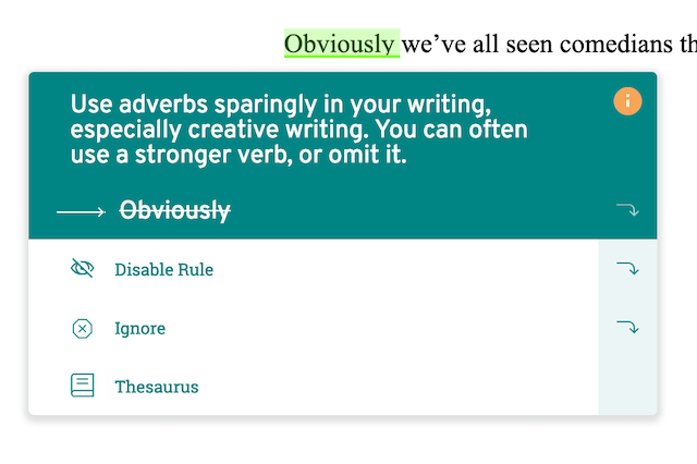 screenshot of prowritingaid suggesting to omit 'obviously'