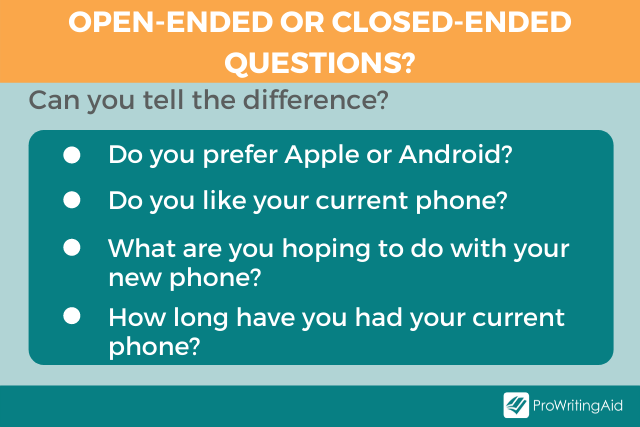 Image showing examples of open ended and closed ended questions