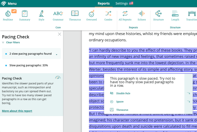 ProWritingAid's Pacing report