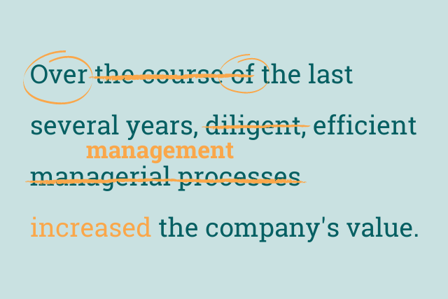 Text reads: "Over the course of last several years, diligent, efficient managerial processes increased the company's value". 'Over' and 'of' are circled. 'Diligent' is crossed out, 'managerial processes' is corssed out and replaced with 'management'. 