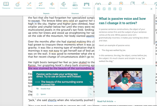 ProWritingAid passive voice suggestion with more info