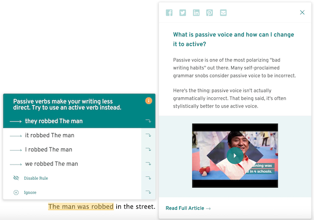 passive voice suggestion with article in prowritingaid