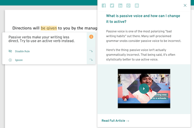 Passive voice suggestion in ProWritingAid