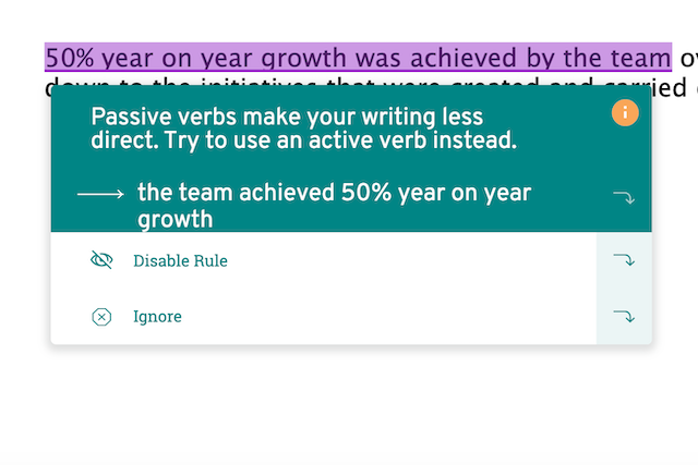 ProWritingAid suggests changing the sentence above to 'The team achieved 50% year on year growth'